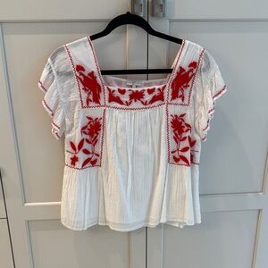 Joie White Blouse with Red Embroidery